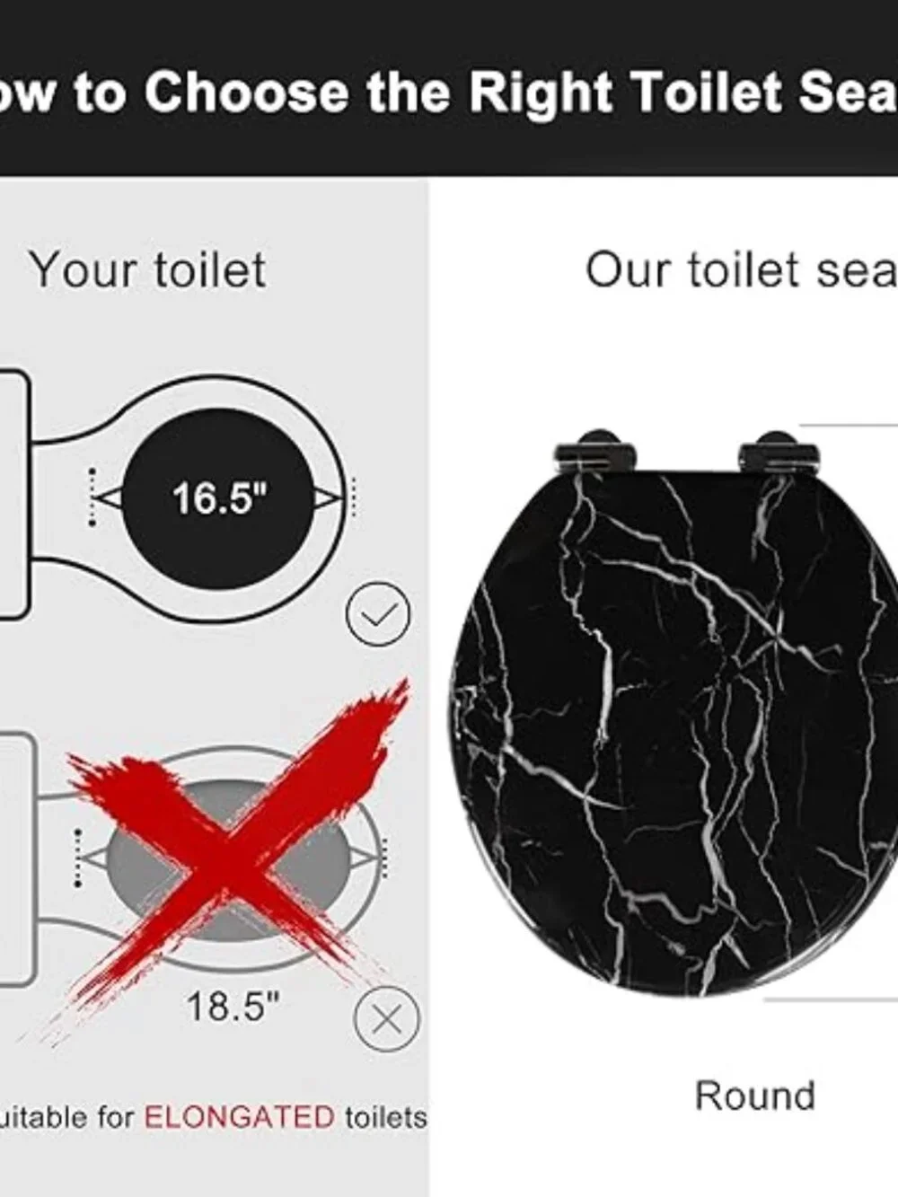 Angel Shield Black Marble Round Toilet Seat Quiet Close Quick Release Easy Clean